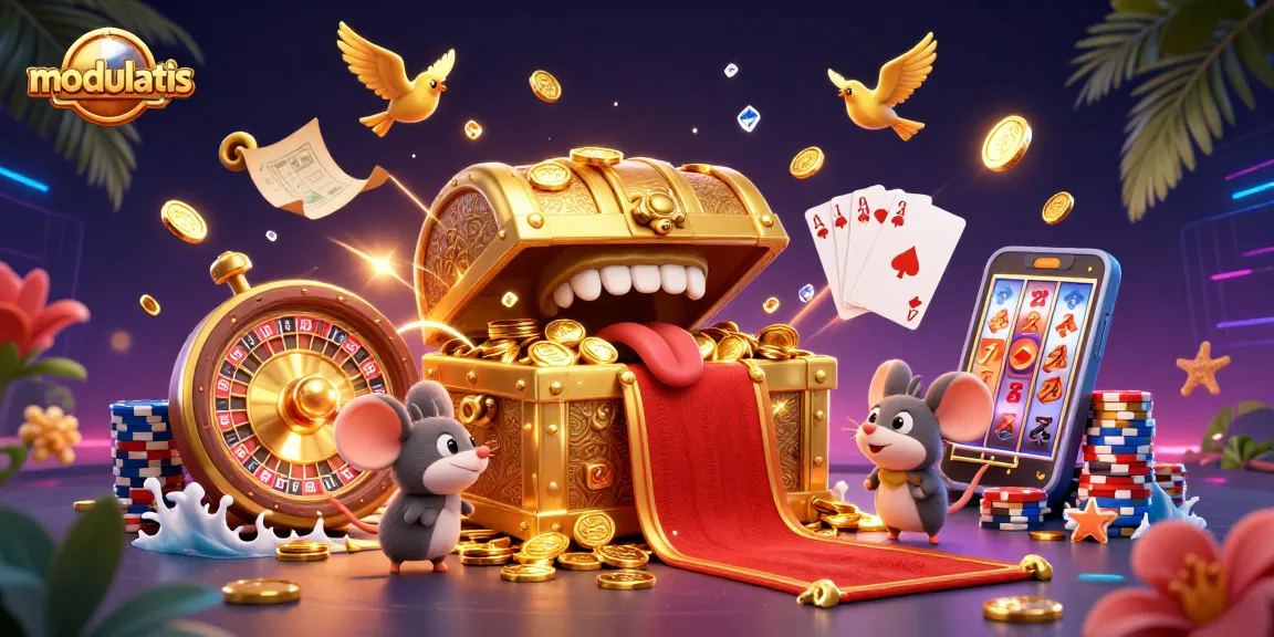 Menggoda pemain slot online dengan modulatis dalam perburuan kekayaan, berlatarkan suasana kasino yang meriah.