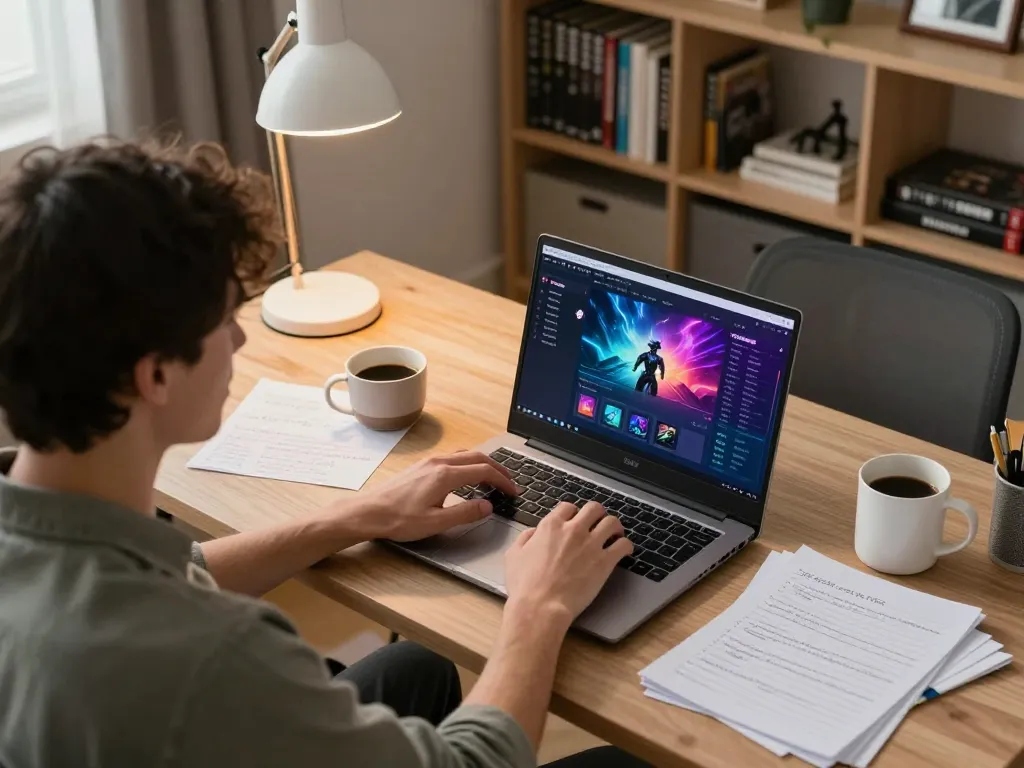 Engaging in PP9Win Sign up on a laptop with gaming strategies in a cozy home office setting.