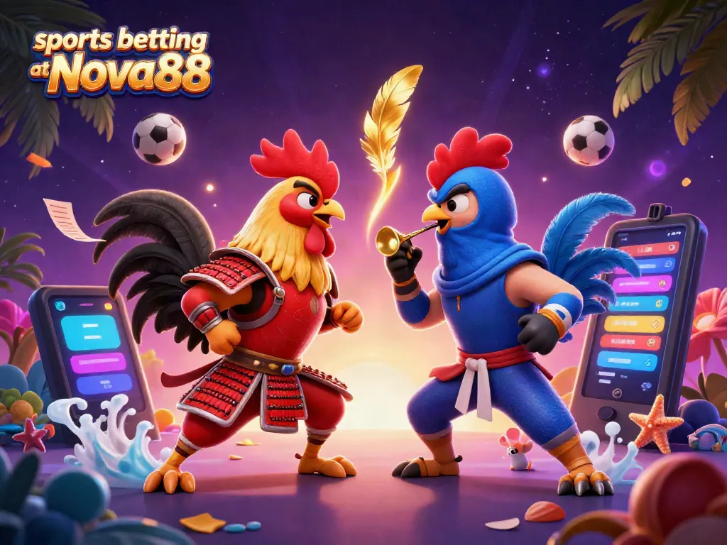 Engage in sports betting at Nova88 with vibrant roosters and betting elements in action