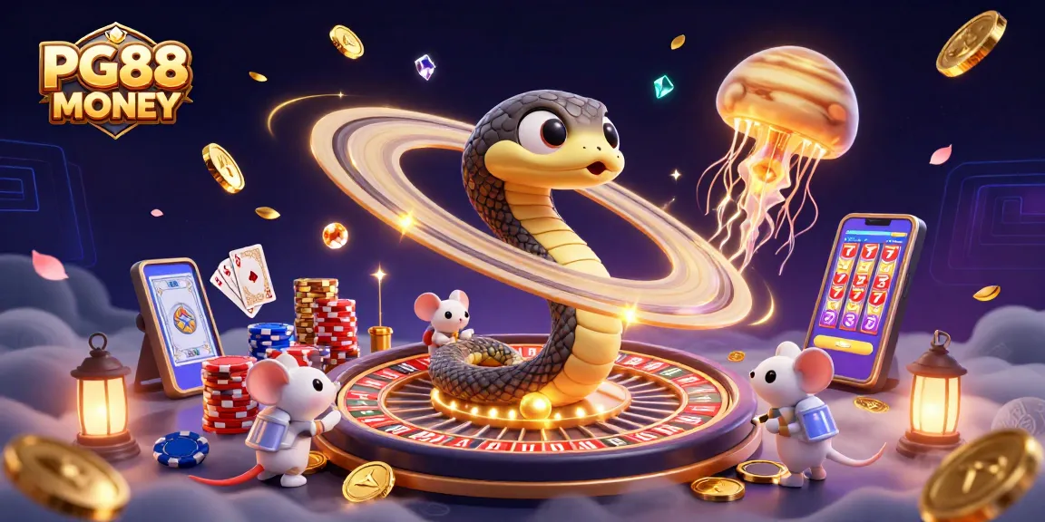 Experience the excitement of PG88 MONEY with 3D cartoon characters engaging in a cosmic casino themed scene.