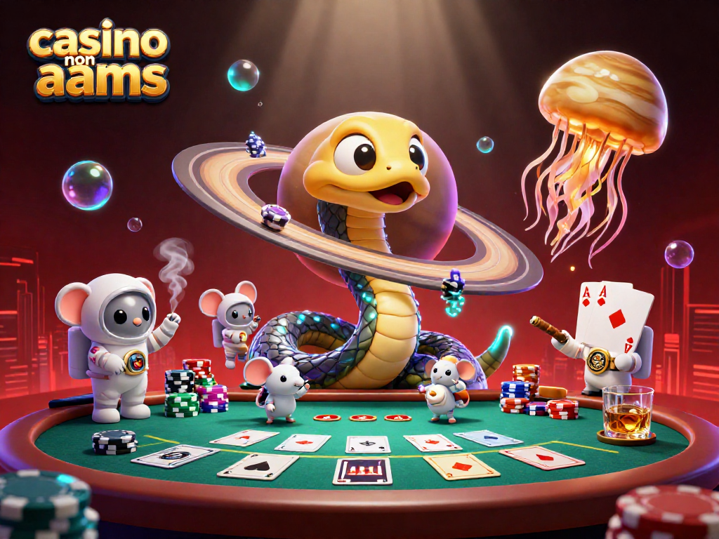 Immagine di un mondo di casinò non aams con un serpente Saturno e astronauti che scommettono in un'illustrazione 3D dettagliata.