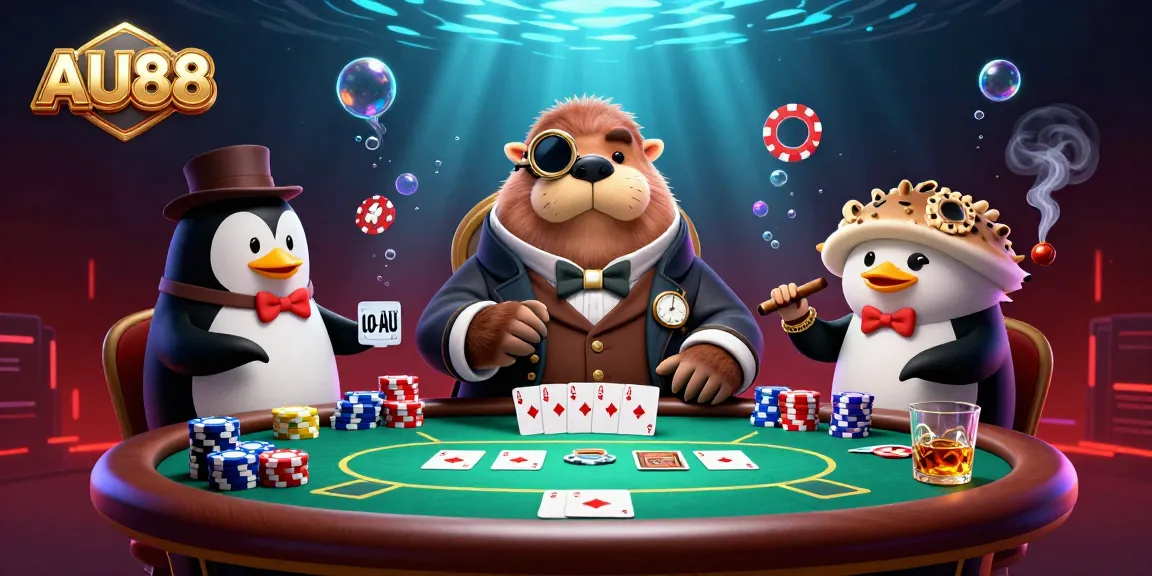 Experience the thrill of poker with AU88's jolly walrus and friends at an underwater table.