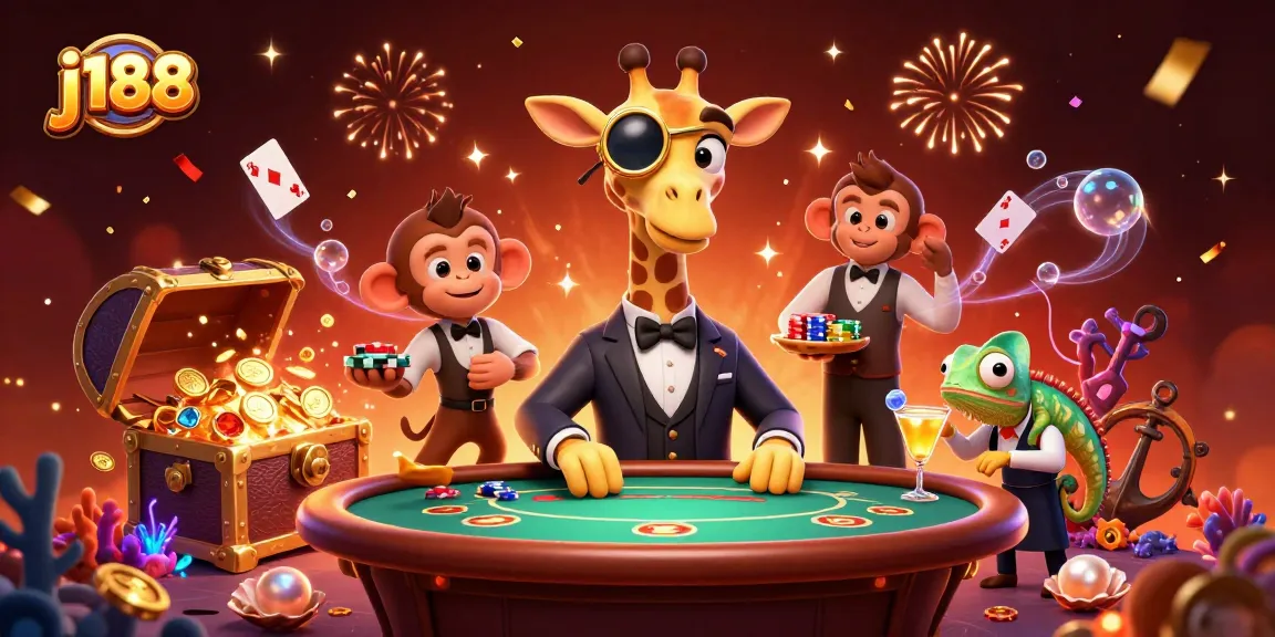Experience thrilling games at j188 with a vibrant 3D casino scene packed with characters and elements.