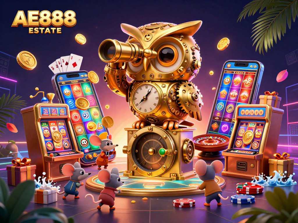Play engaging games at AE888 ESTATE, featuring a whimsical golden owl overseeing vibrant casino excitement.