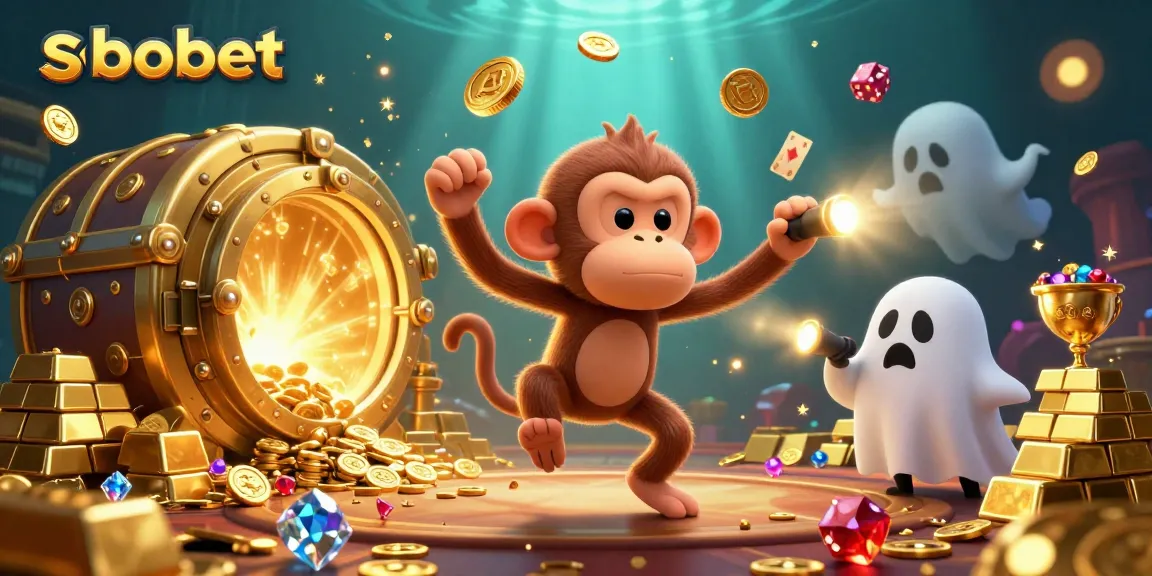 SboBet sports betting scene with a playful monkey and a curious puppy tracking golden treasures.