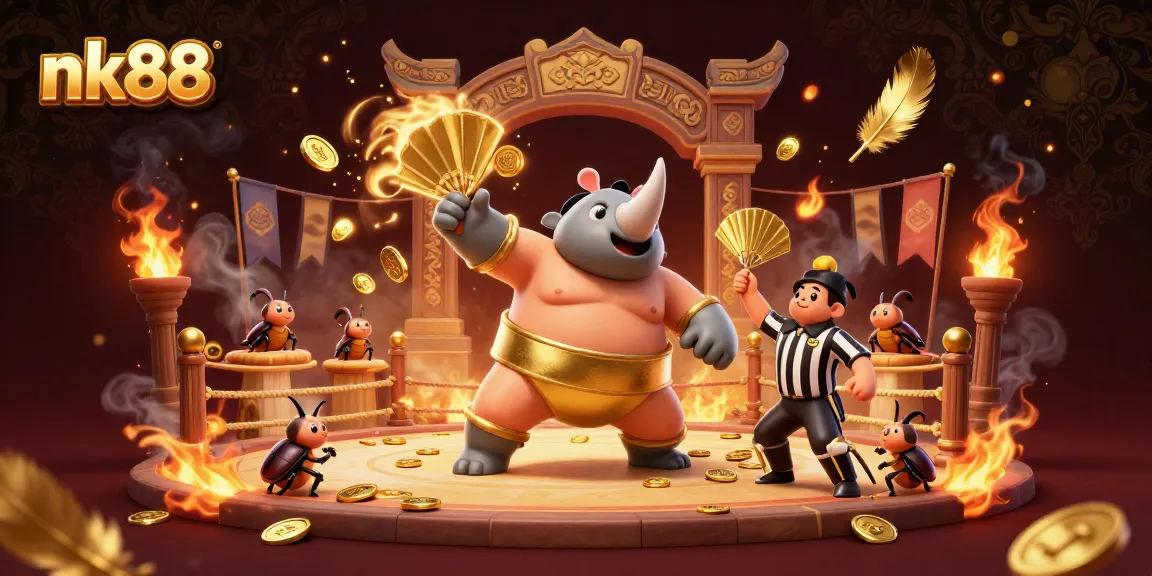 Experience the thrilling action of nk88 with a vibrant scene featuring a beetle sumo champion and coins flying.