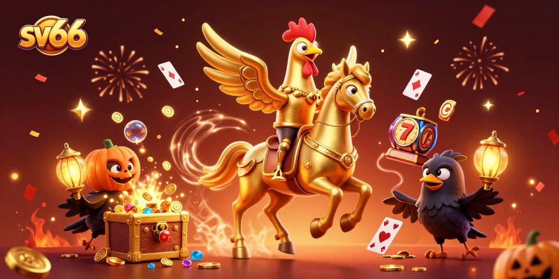 Engage with sv66’s vibrant casino scene through a golden rooster and lantern-carrying crows.