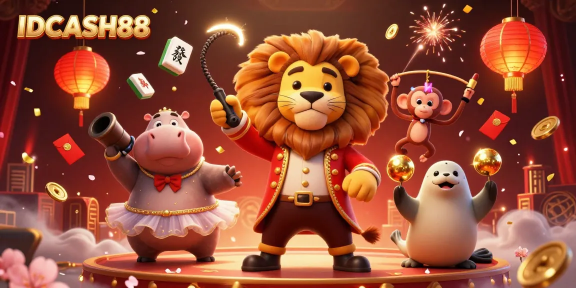 Experience thrilling gaming at IDCASH88 with vibrant circus characters and exciting casino elements.