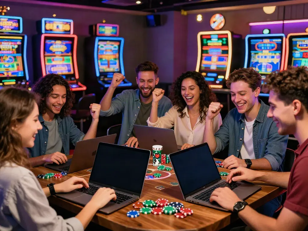 Excited players enjoying a casino bonus sans depot while using smartphones and laptops in a lively casino setting.