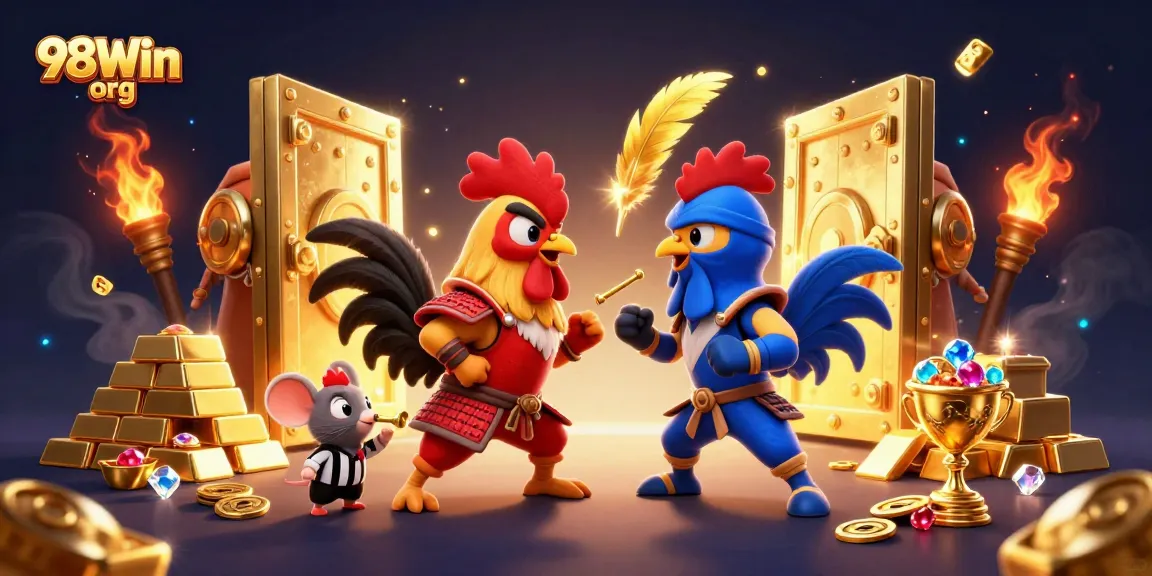 Battling roosters in samurai and ninja gear celebrate wins at 98Win org's vibrant casino.