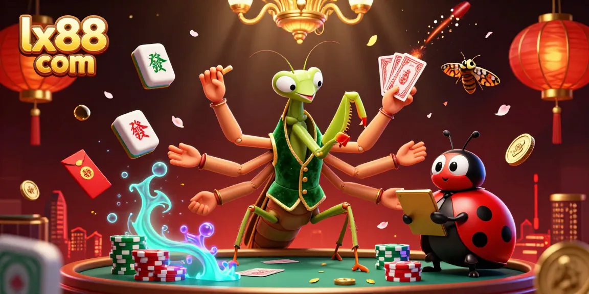 Experience thrilling bets with lx88 com featuring a majestic mantis dealer and ladybug pit boss in a vibrant casino scene.