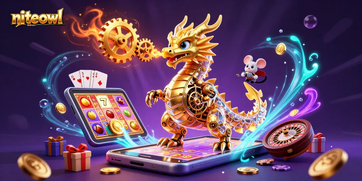 Niteowlfurniture showcases a golden dragon and mouse engineer amid glowing slot game elements.