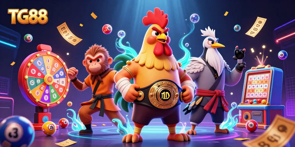 Engage in exciting gameplay at TG88 with dynamic lottery balls, a lively rooster, and martial artist characters.