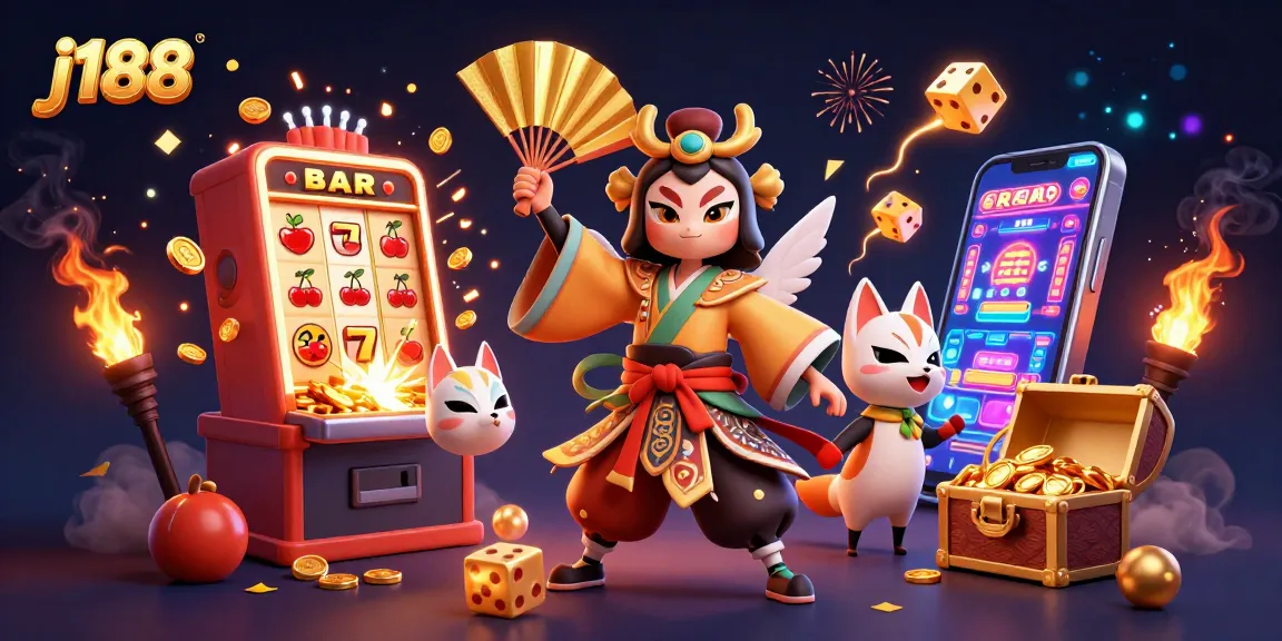 Engage in thrilling gameplay and jackpots with j188's vibrant casino illustration featuring kabuki warrior