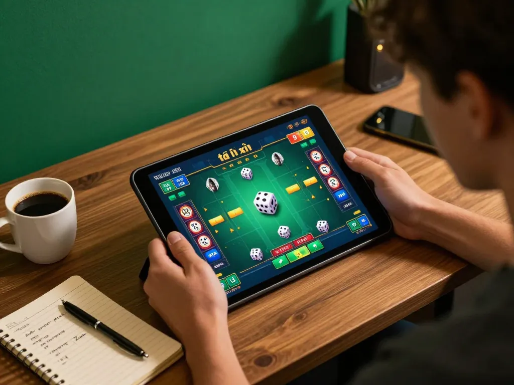 Engaging in a tài xỉu online game on a tablet with notes and coffee beside it, showcasing strategic betting.