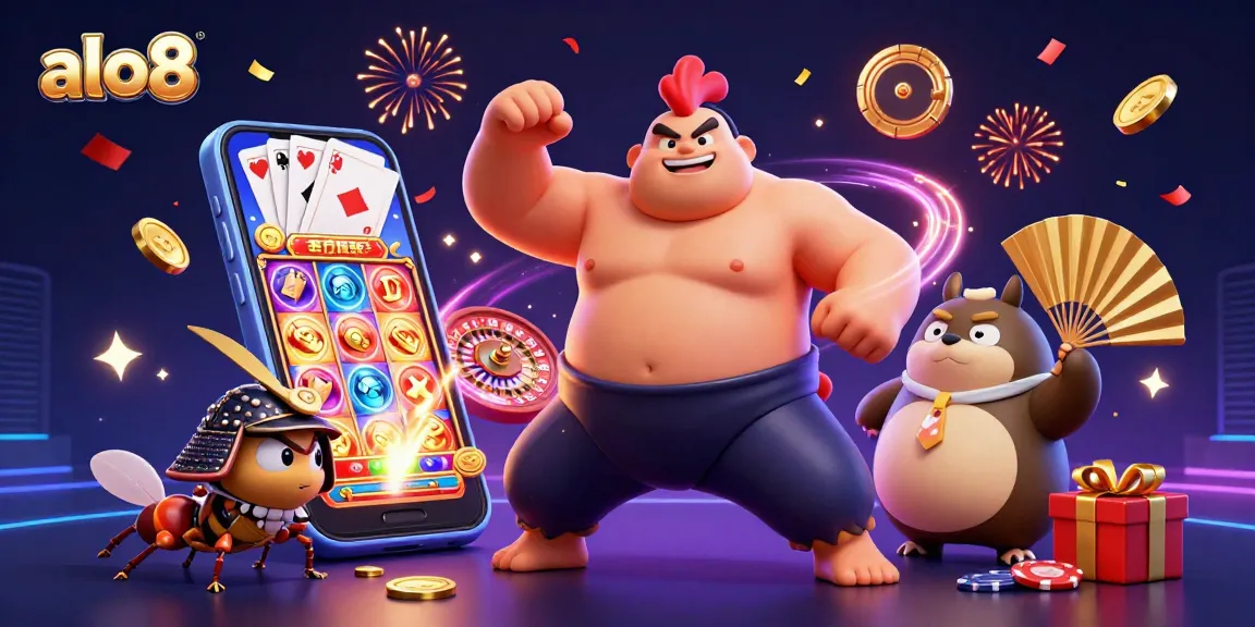 Experience the excitement of alo8 as the sumo wrestler roars in a dynamic casino illustration with vivid details and game elements.
