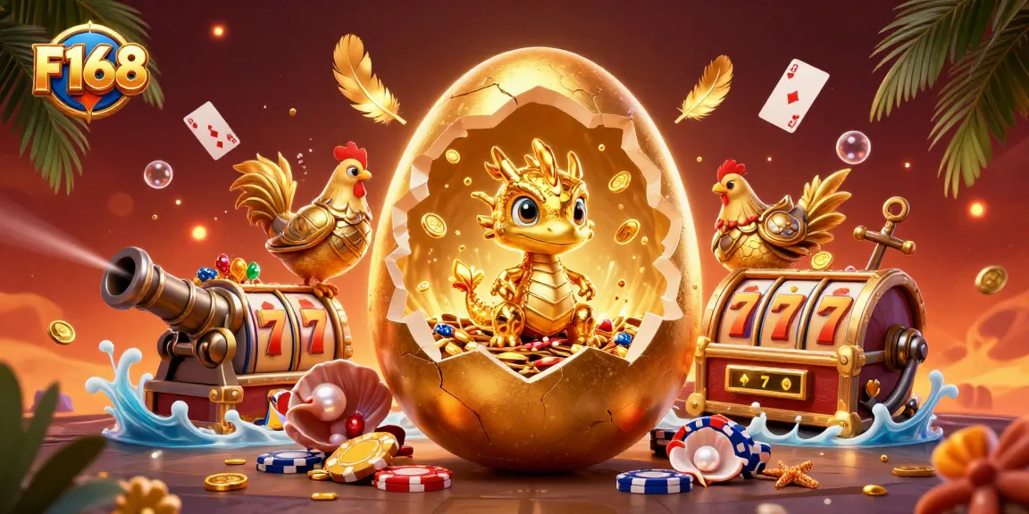 Experience thrilling wins at F168 with a golden dragon guarding poker chips in this vibrant casino scene.
