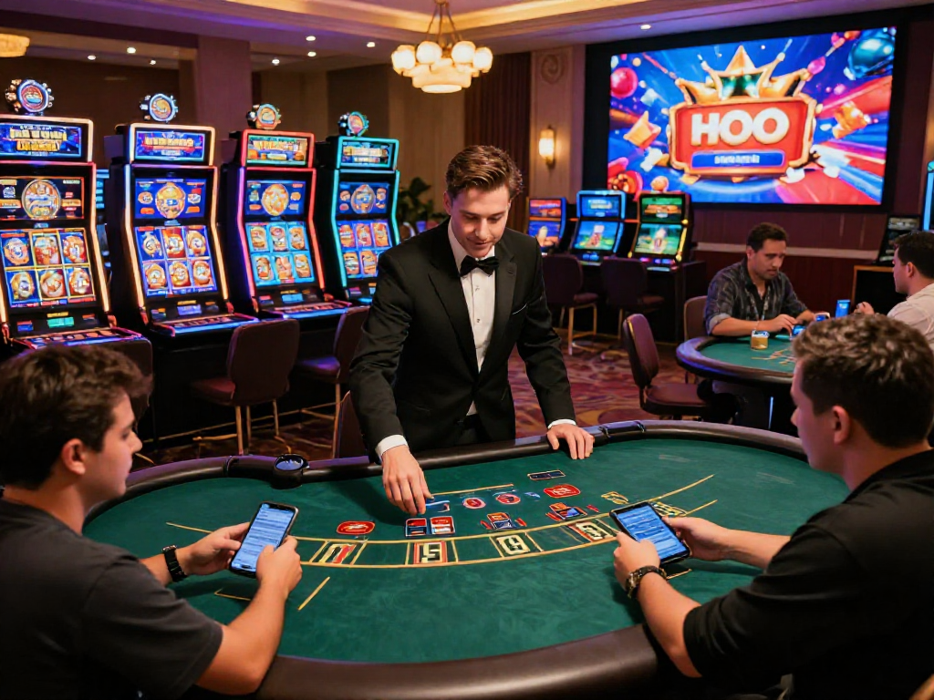 Giocatori che si divertono nei casino non AAMS online con un dealer dal vivo e slot machines colorate sullo sfondo.