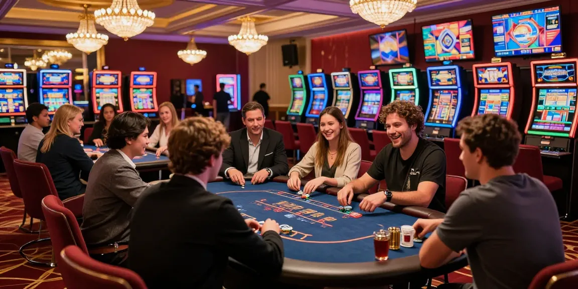 A lively gaming scene at a luxury casino featuring iwin poker table with excited players and vibrant decor.