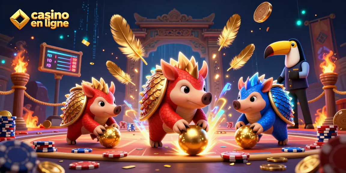 Jouer au casino en ligne avec des pangolins rivaux entourés de jetons et de pièces d'or.