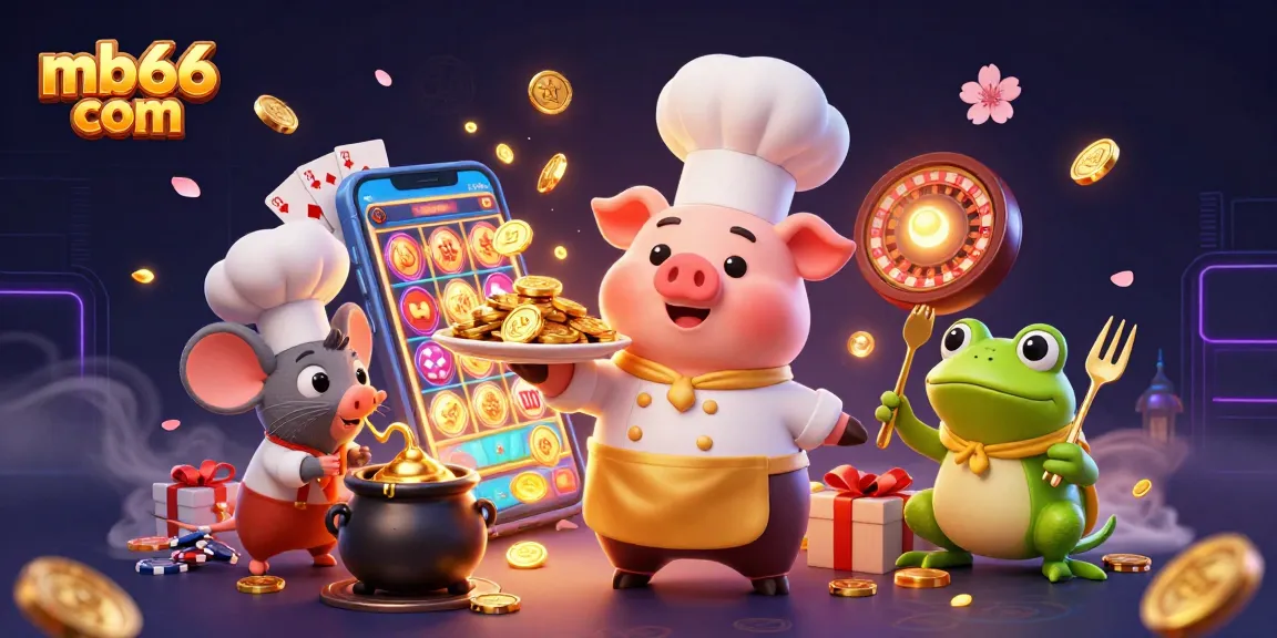 Play thrilling casino games at mb66 com while enjoying a vibrant 3D illustration featuring unique characters.