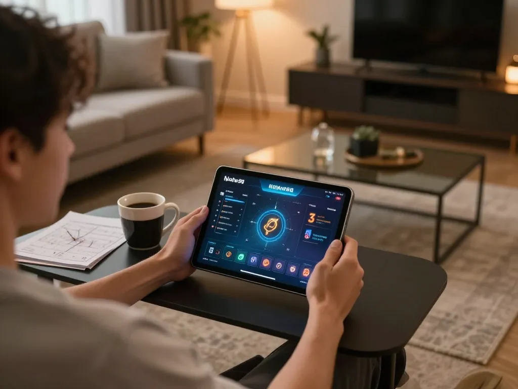 Nohu90 online casino gaming scene with tablet, strategy notes, and warm ambiance.
