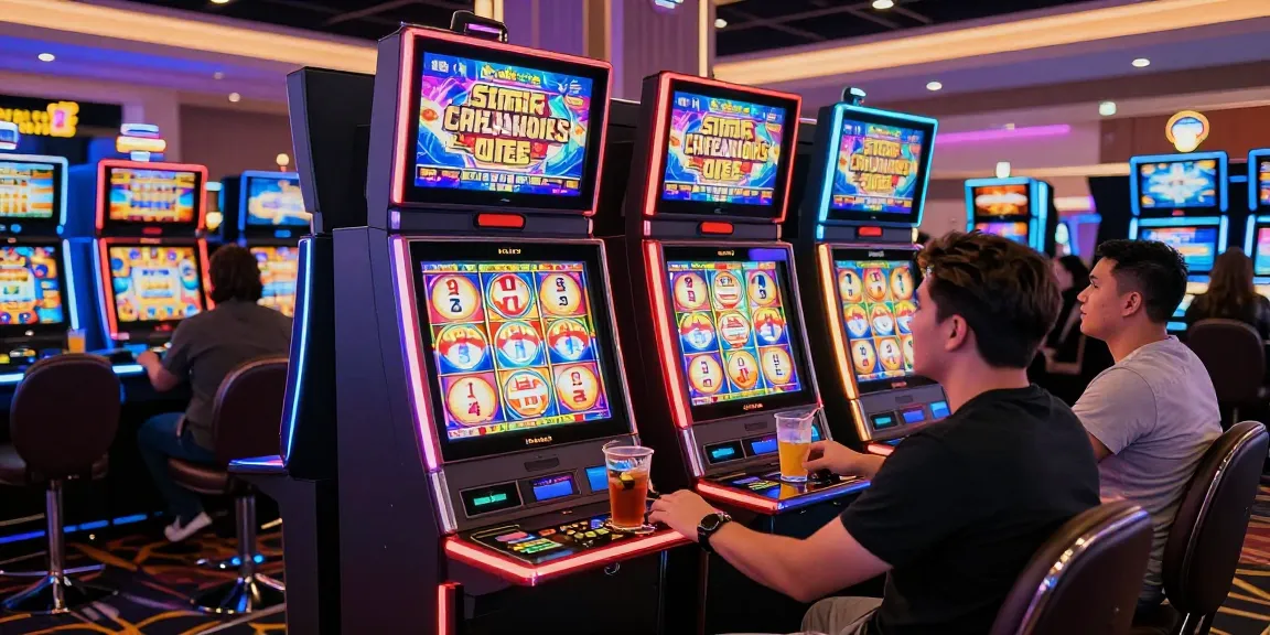 Pengunjung bermain mesin slot gacor gampang menang di kasino modern, suasana penuh kegembiraan dan harapan.