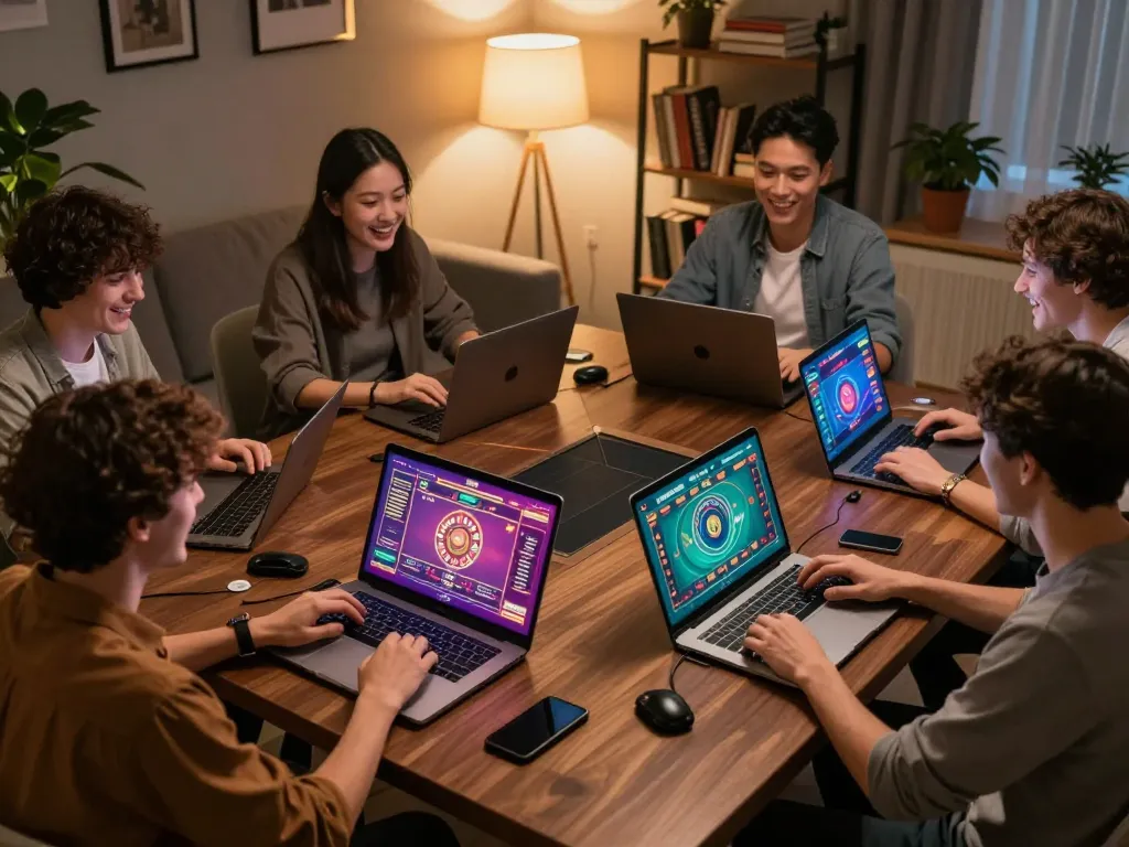 Engaged gamers enjoy online casino experience while tải sunwin app on colorful screens, social setting.