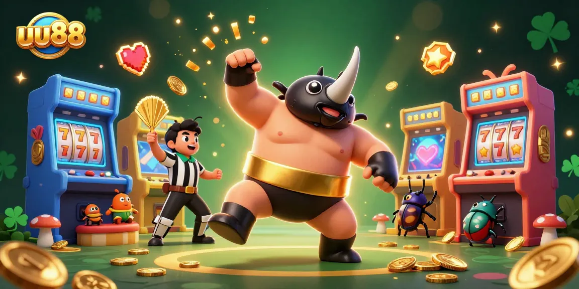 uu88 Sumo beetle champion stomps to victory in vibrant casino scene with colorful game elements.