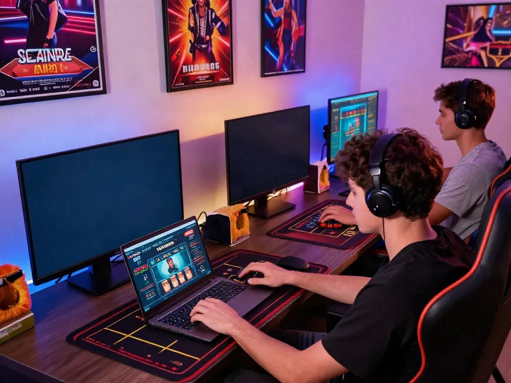 Engaged players exploring online credit card casinos in a vibrant gaming room.