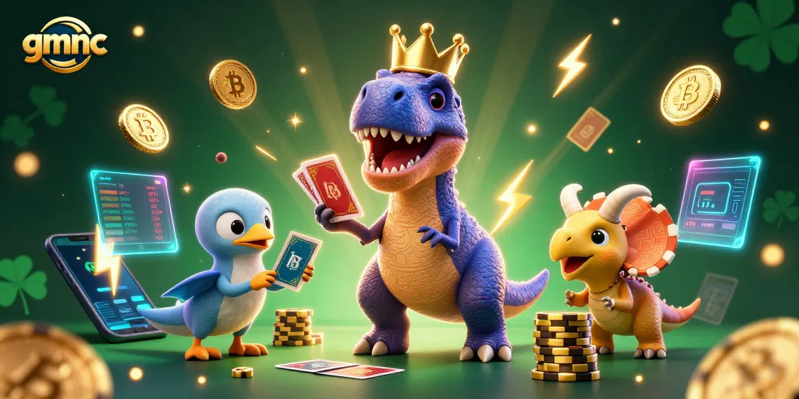 Watch the 3D T-Rex shuffle cards in an engaging gmnc casino scene filled with crypto elements.