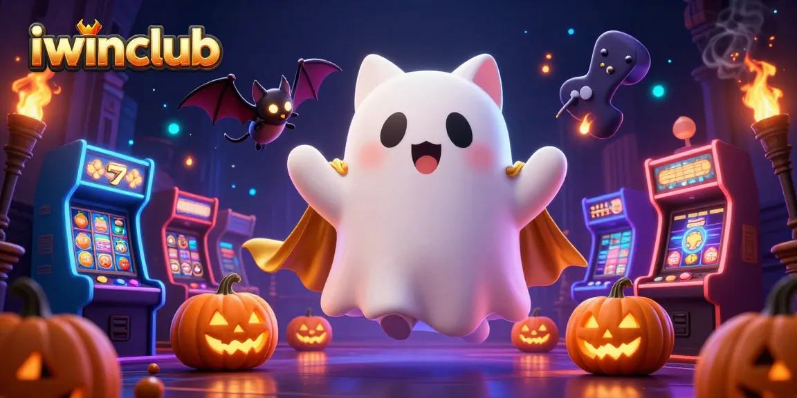 Spin to win at iwinclub with a ghostly cat and glowing jack-o-lanterns lighting the haunted casino.