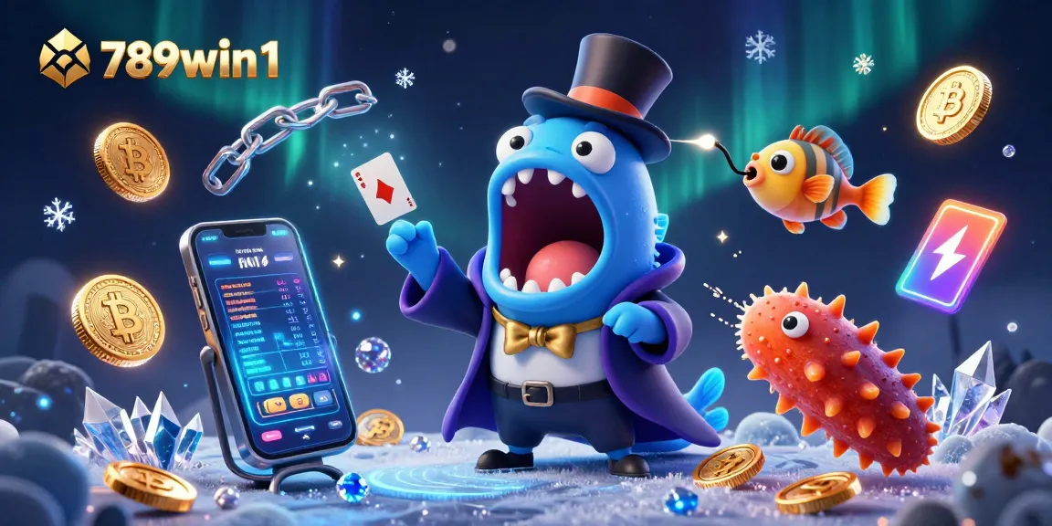 Experience the magic of 789win1 as characters perform thrilling card tricks amidst crypto elements.