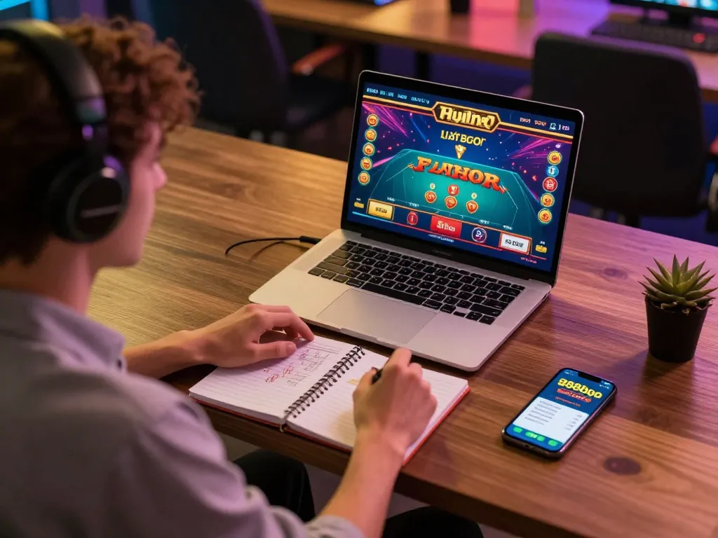 Engaged player enjoying online gaming on 888bgo with laptop, notebook, and mobile app in modern workspace.