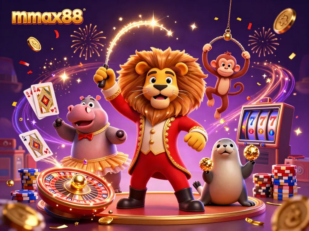 Experience the thrill of mmax88 with a vibrant 3D scene featuring casino characters and games in action.