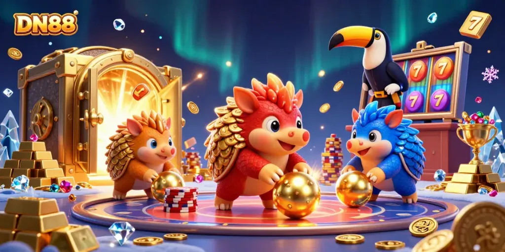 Engage with DN88's vibrant online casino scene featuring playful pangolins amidst treasures and thrilling game symbols.