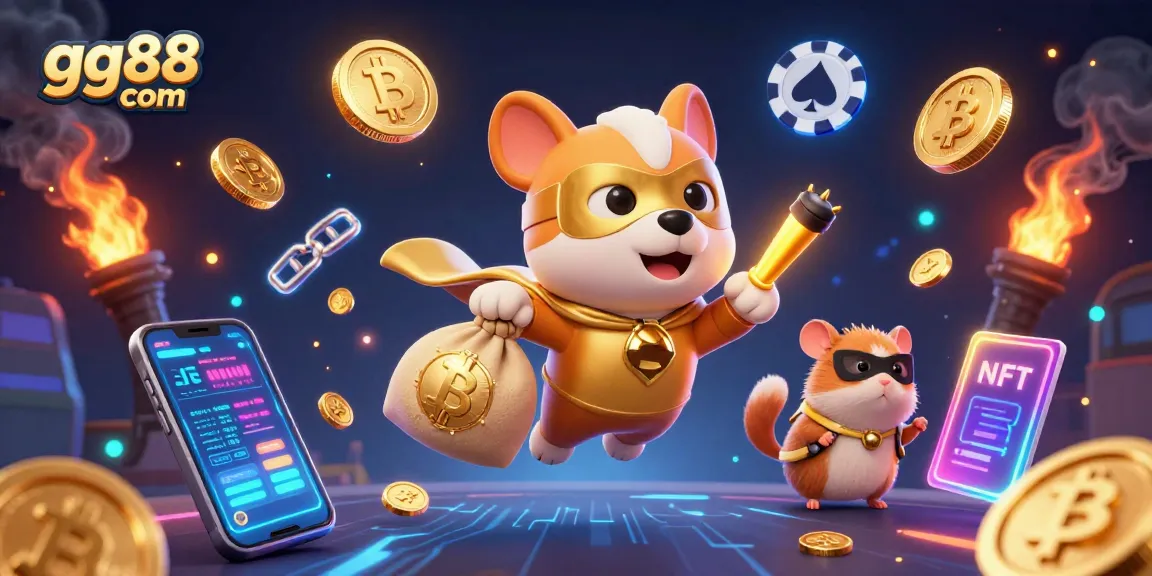 Play slots and win big at gg88 com with cartoon dog hero carrying coins amidst vibrant casino elements.