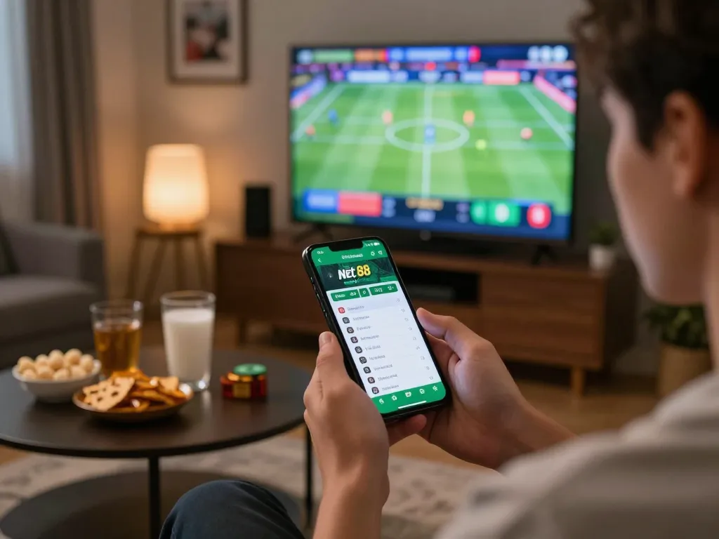 Engaging sports betting moment on Net 88 app in a cozy setup with snacks and memorabilia.
