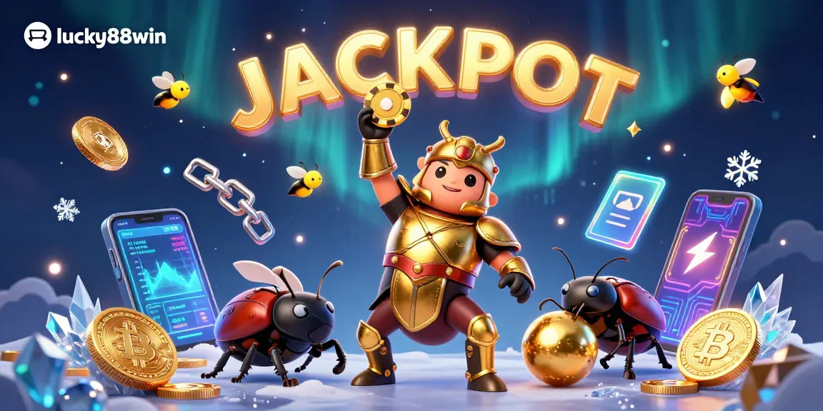 Witness the excitement at lucky88win as the heroic beetle celebrates a huge jackpot, surrounded by crypto elements!