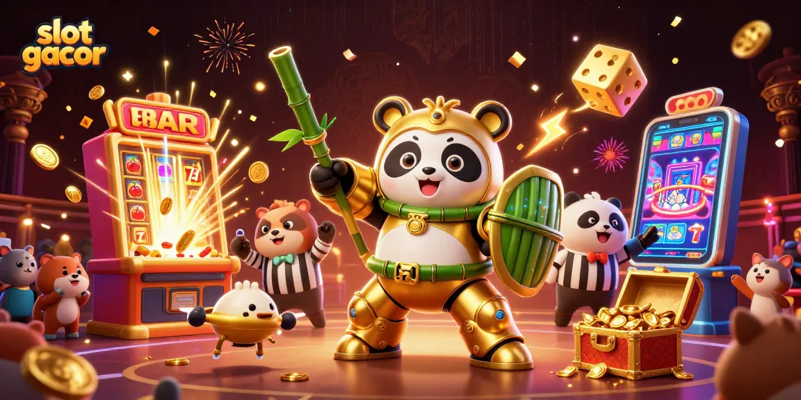 Menangkan slot gacor dengan robot tempur panda beraksi di arena judi yang penuh simbol keberuntungan.