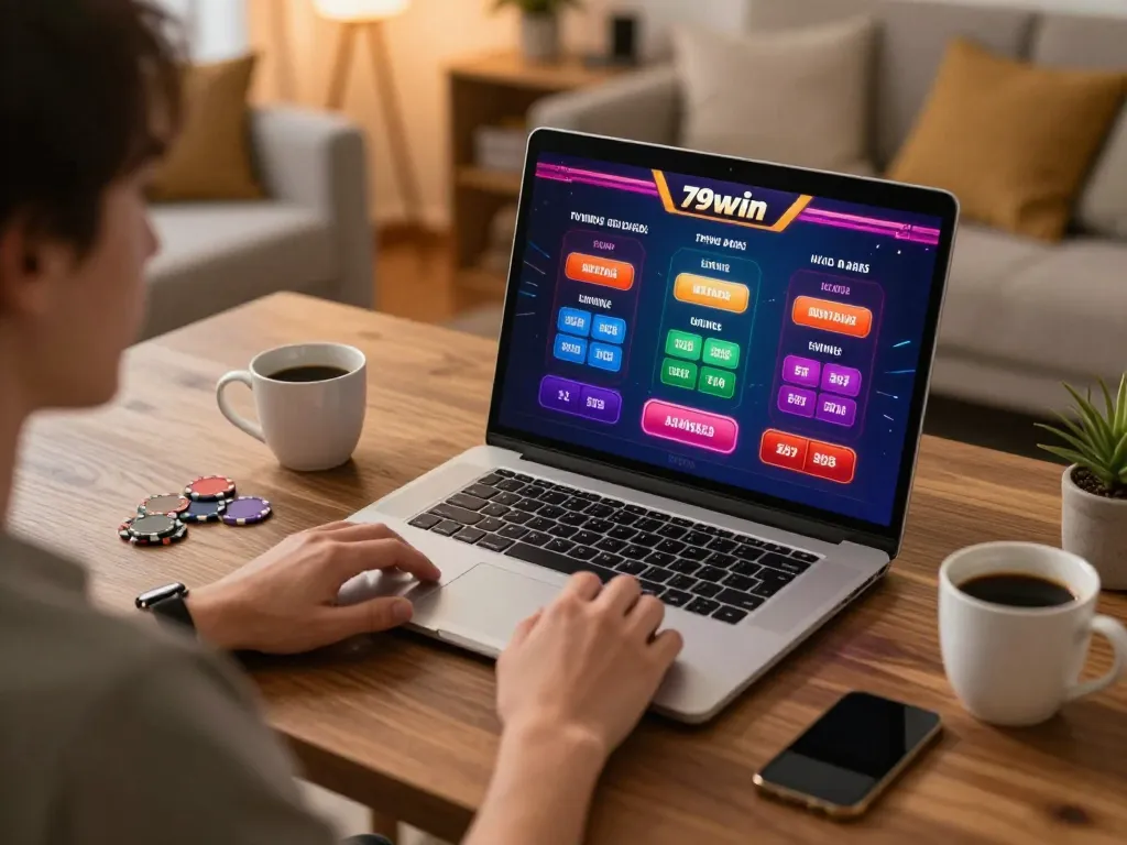 Person playing live dealer games at home laptop, showcasing an engaging 79win gambling experience.