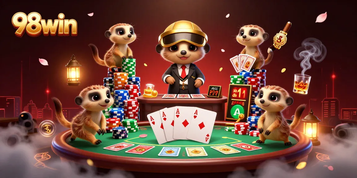 Join the thrilling world of 98win casino with meerkats at a vibrant poker table.