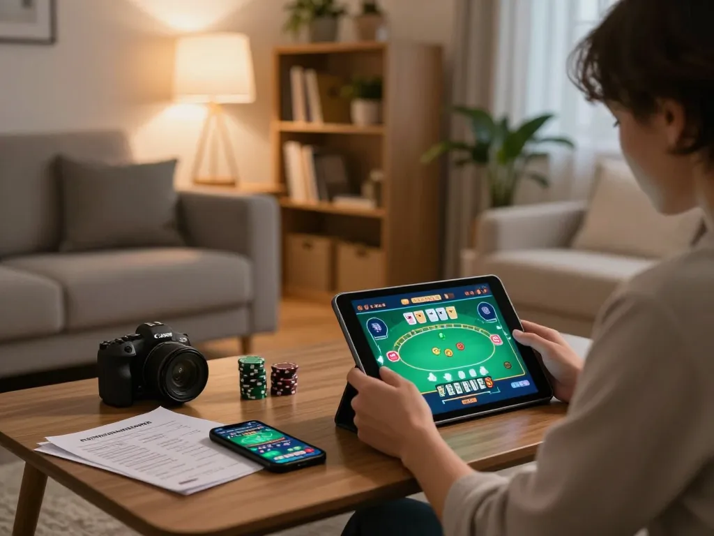 Engaging in online gaming on a tablet, showcasing xx88's poker excitement and strategy notes.
