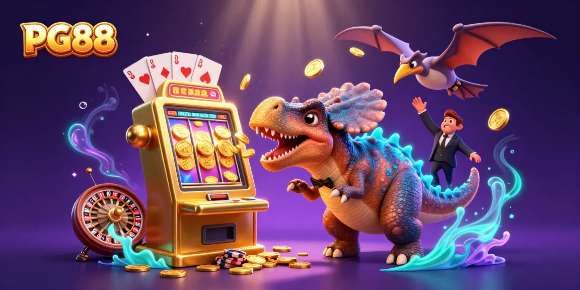 PG88 pachycephalosaurus wins jackpot at a golden slot machine in a vibrant casino scene.