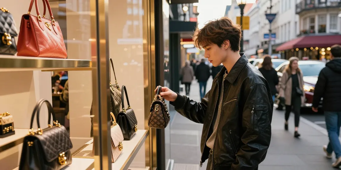 Young shopper exploring high-end 레플리카 사이트 with stylish luxury bags in urban setting.