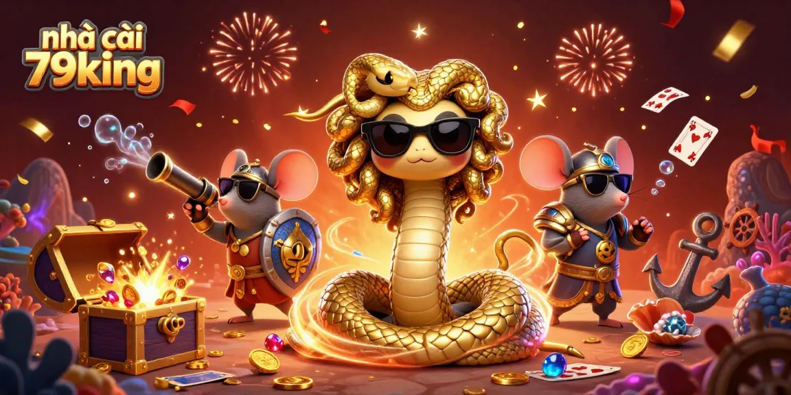 Engage with the vibrant scene of nhà cái 79king featuring friendly Medusa, a mouse warrior, and a treasure-filled casino.