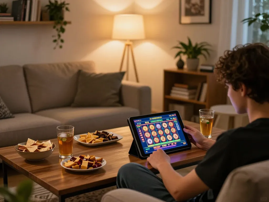 Engaging online gaming experience at home as studentvoiceaustralia enjoys slot games on a tablet with cozy surroundings