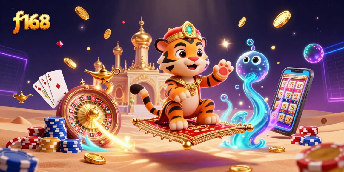 Join the fun at f168 with vibrant illustrations of casino themes featuring slot machines and poker