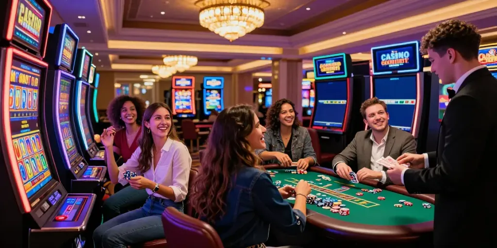 Exciting social gathering at a casino featuring friends enjoying Casino Gratuit offers around slot machines and blackjack tables.