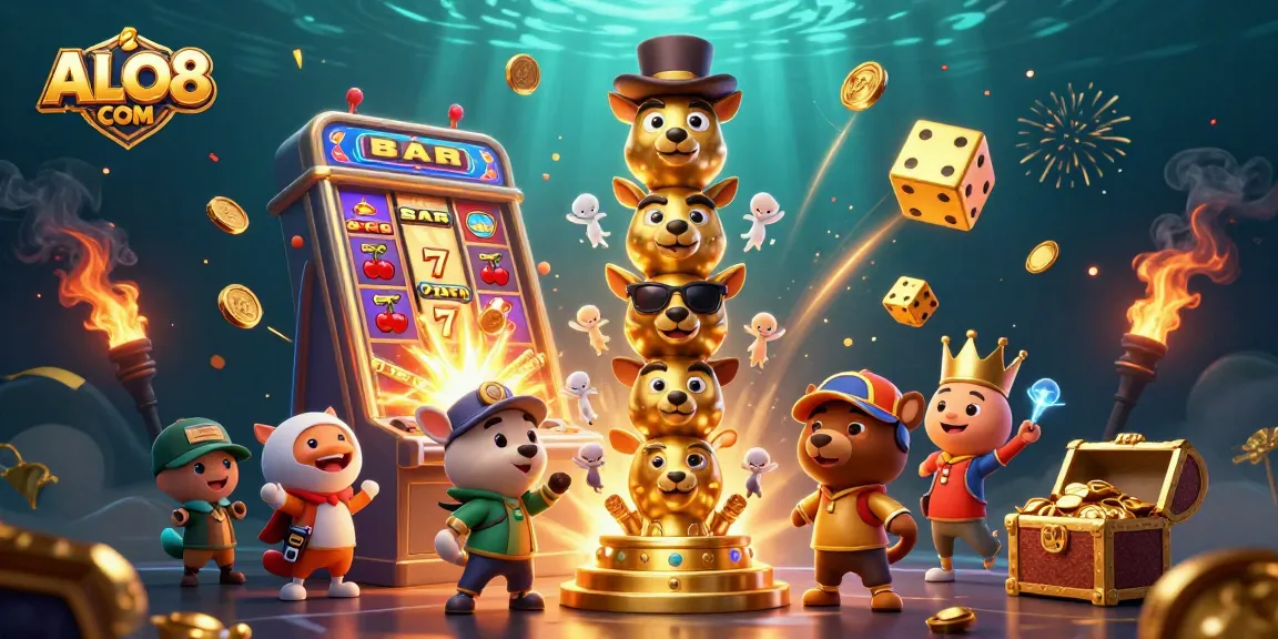 Play engaging casino games at ALO8 COM with a vibrant golden totem and exploding jackpots.